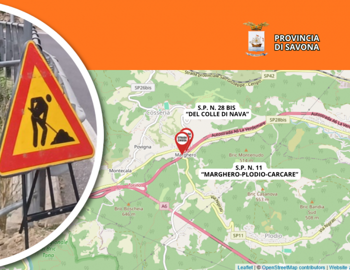 Sospensione temporanea del transito veicolare sulla S.P. n. 11 “Marghero-Plodio-Carcare” e sulla S.P. n. 28 bis “del Colle di Nava”