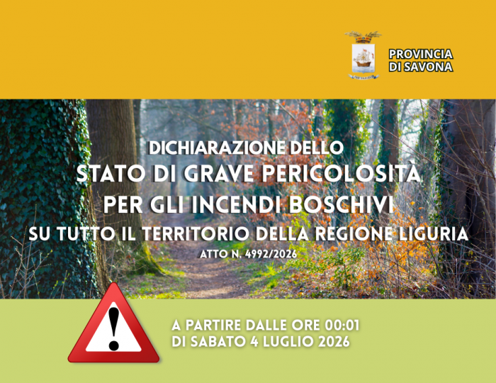 Dichiarazione dello stato di grave pericolosità per gli incendi boschivi su tutto il territorio della Regione Liguria
