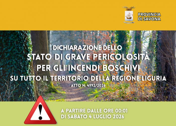Dichiarazione dello stato di grave pericolosità per gli incendi boschivi su tutto il territorio della Regione Liguria